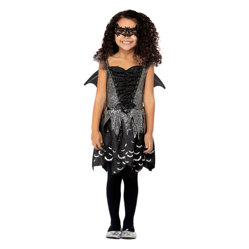 Dark Bat Fairy Costume Child Black Silver Dress Wings and Eyemask 1