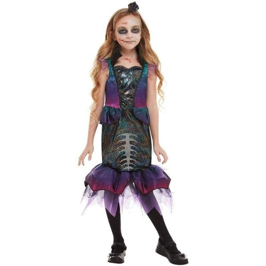 Dark Mermaid Costume Child Purple Fishtail Dress with Skeleton Print and Organza Trim 1