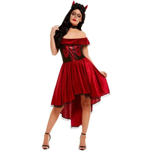 Day Of The Dead Devil Costume Adult Red Dress Black Choker and Devil Horns Headband 1
