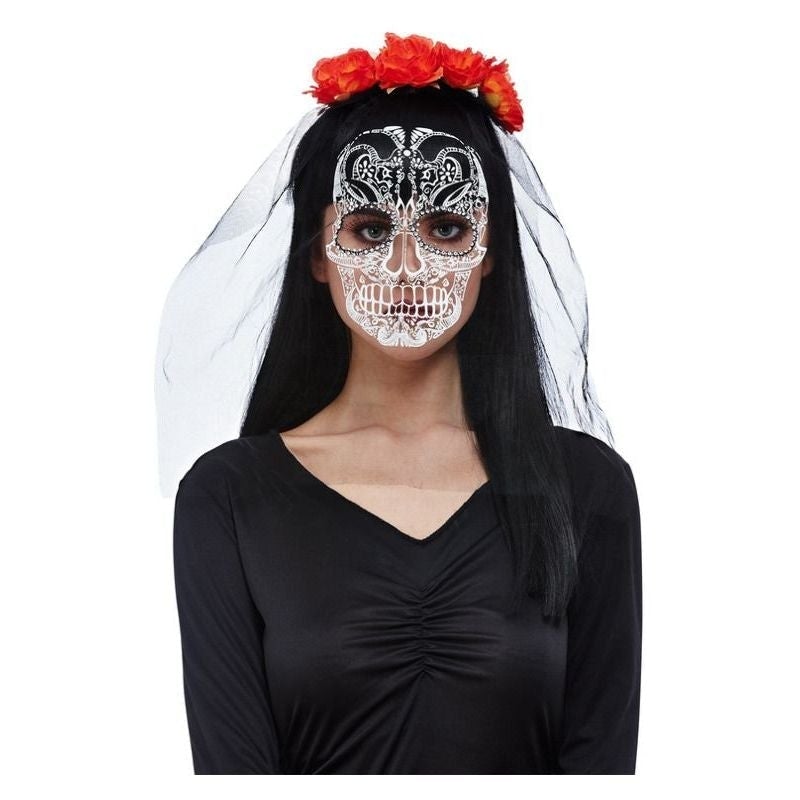 Day Of The Dead Headband Red Flowers with Black Veil and Printed Sugar Skull Detail 1