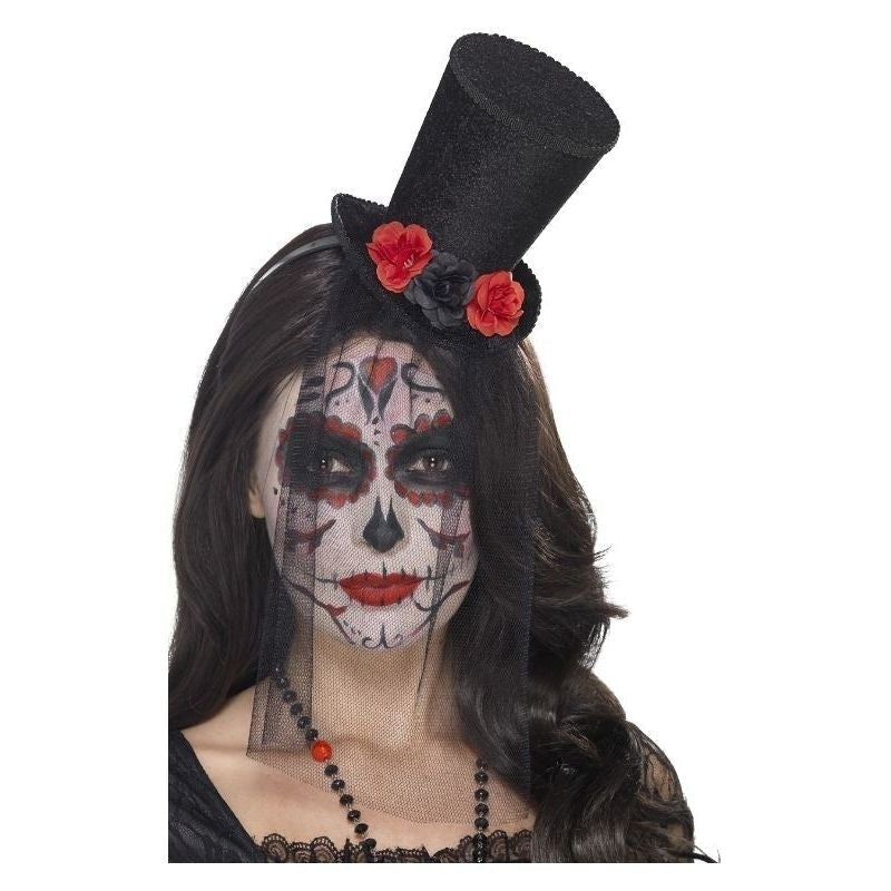 Day Of The Dead Mini Top Hat Adult Black Roses Veil Headband 2