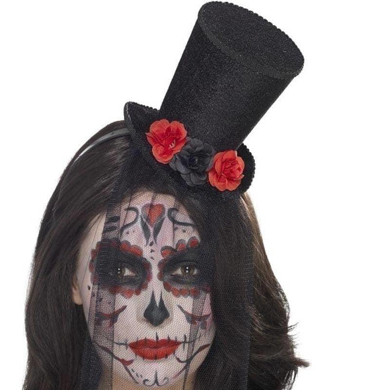Day Of The Dead Mini Top Hat Adult Black Roses Veil Headband 1