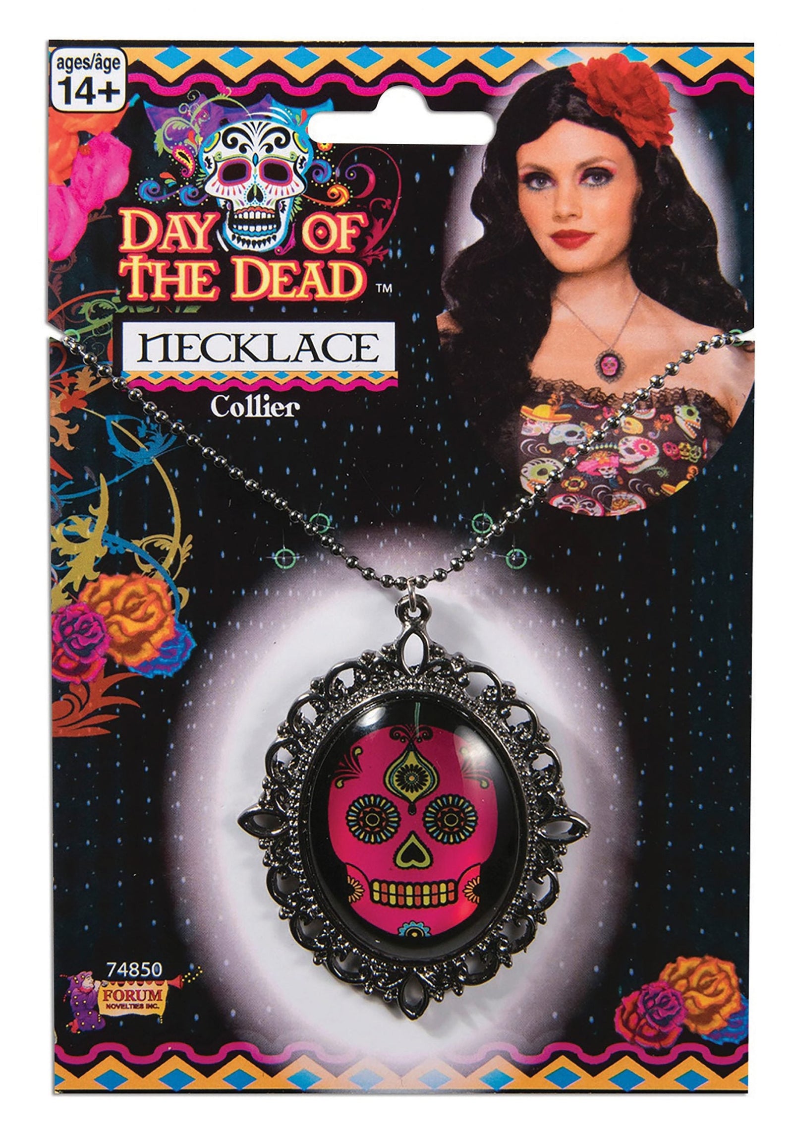 Day Of The Dead Necklace Silver Pink Costume Accessories Female 1