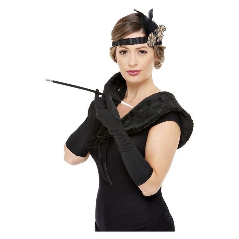 Deluxe 20s Accessories Kit Black and Gold Headband Gloves Cigarette Holder Faux Fur Stole 1