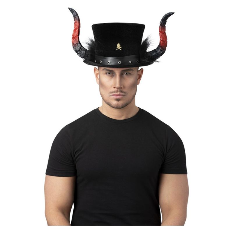 Deluxe Devil Top Hat Adult Black Red Horns_1