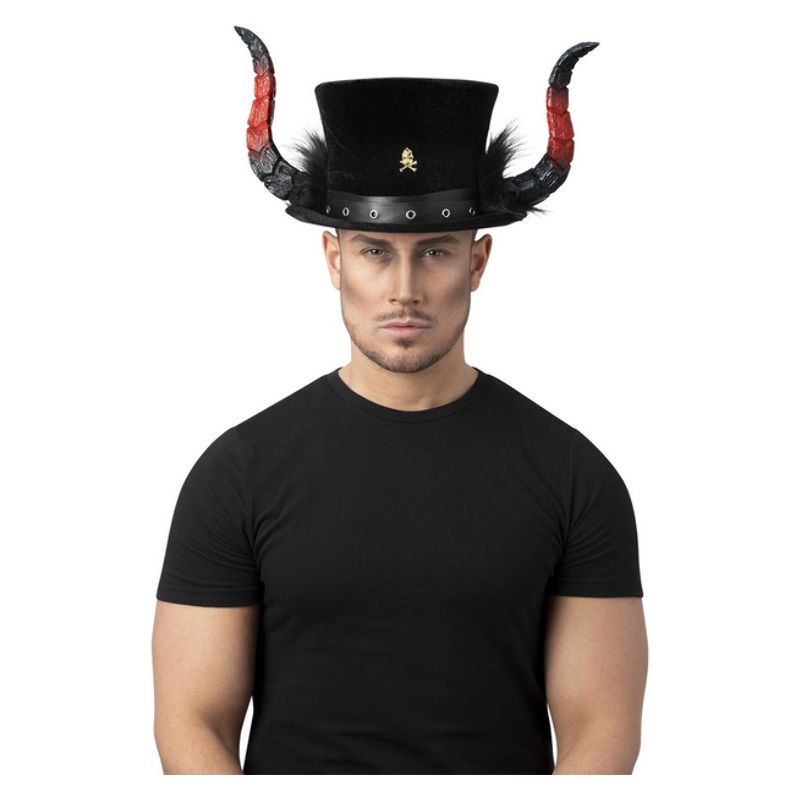 Deluxe Devil Top Hat Adult Black Red Horns 1
