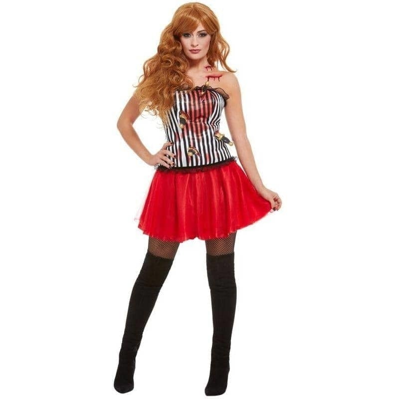 Adult Deluxe Knife Throwers Assistant Costume White and Black Corset Red Dress 1