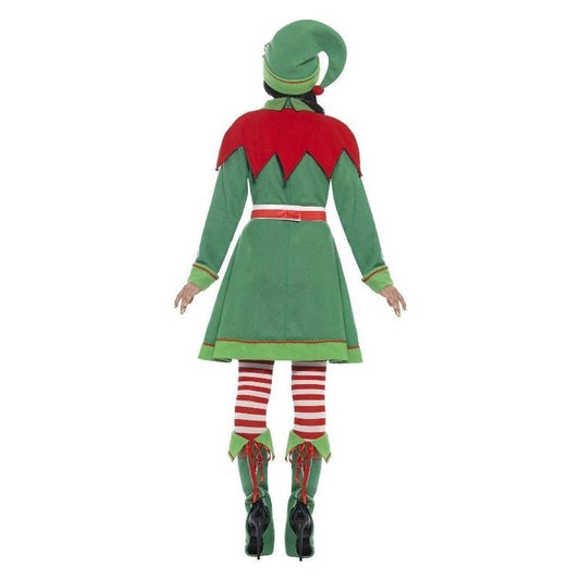 Miss Elf Costume Green Dress Hat Bootcovers Striped Tights and Belt 2