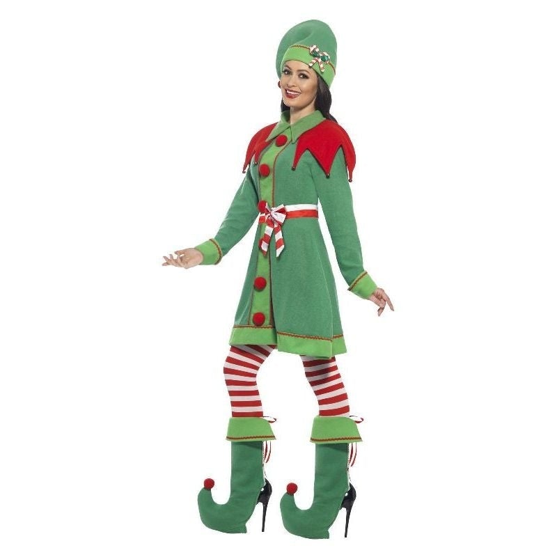 Miss Elf Costume Green Dress Hat Bootcovers Striped Tights and Belt 3
