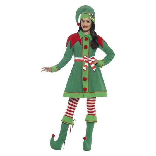 Miss Elf Costume Green Dress Hat Bootcovers Striped Tights and Belt 1