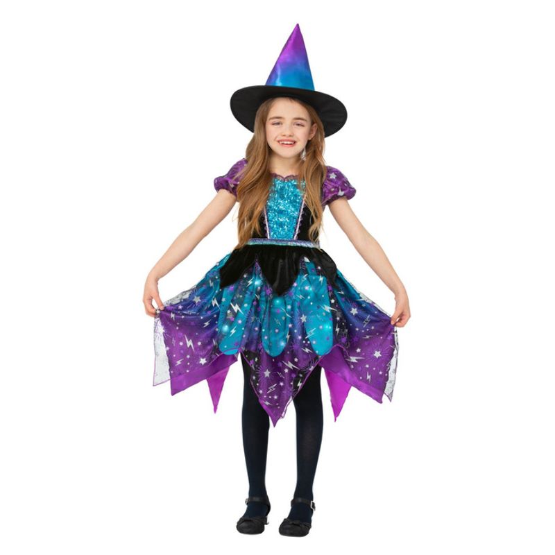 Deluxe Moon and Stars Witch Costume Child Black Pink Turquoise Light Up Dress and Hat 1