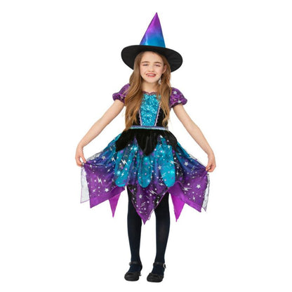 Deluxe Moon and Stars Witch Costume Child Black Pink Turquoise Light Up Dress and Hat 1
