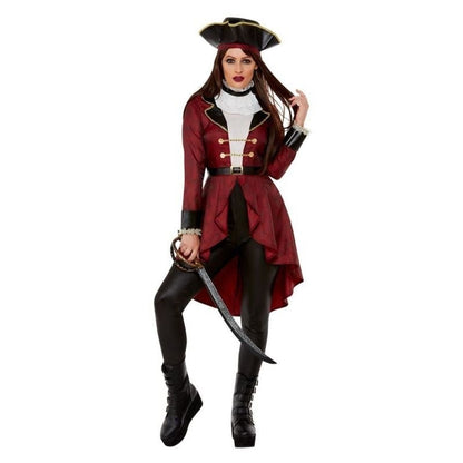 Swashbuckler Pirate Lady Costume Burgundy Jacket Leggings Neck Ruffle and Hat 1