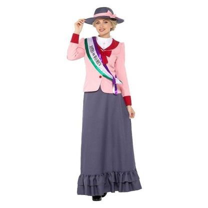 Victorian Suffragette Costume Grey Dress with Pink Jacket Sash and Hat 1