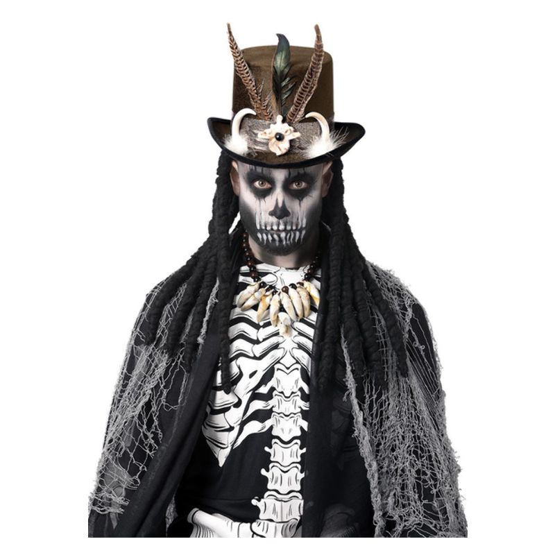 Deluxe Witch Doctor Top Hat Adult Black Brown Dreadlocks Feathers_1