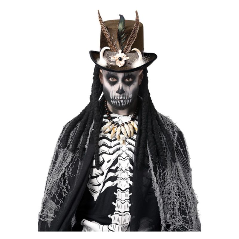Deluxe Witch Doctor Top Hat Adult Black Brown Dreadlocks Feathers 1