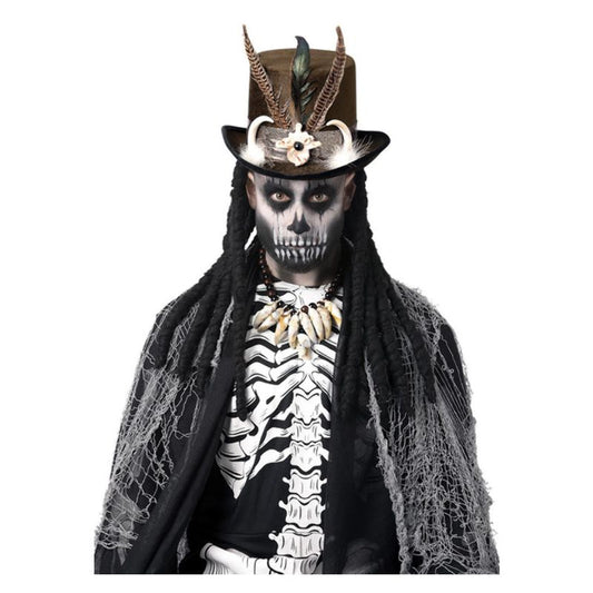 Deluxe Witch Doctor Top Hat Adult Black Brown Dreadlocks Feathers 1