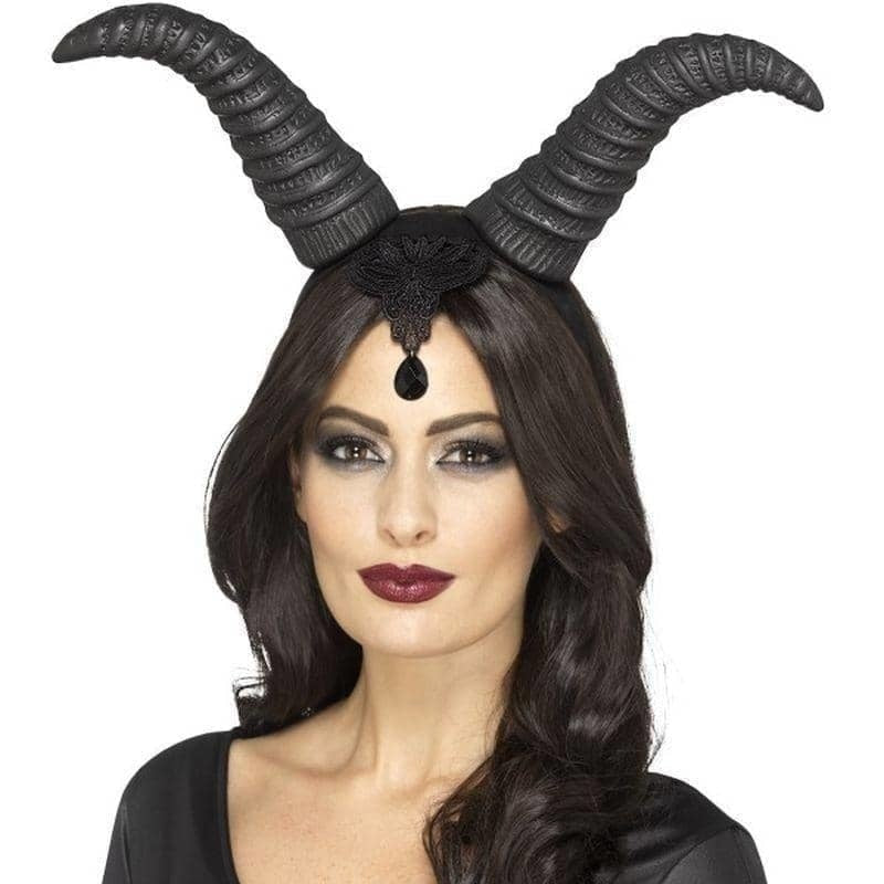 Demonic Queen Horns On Headband Adult Black Gothic Halloween Accessory 1