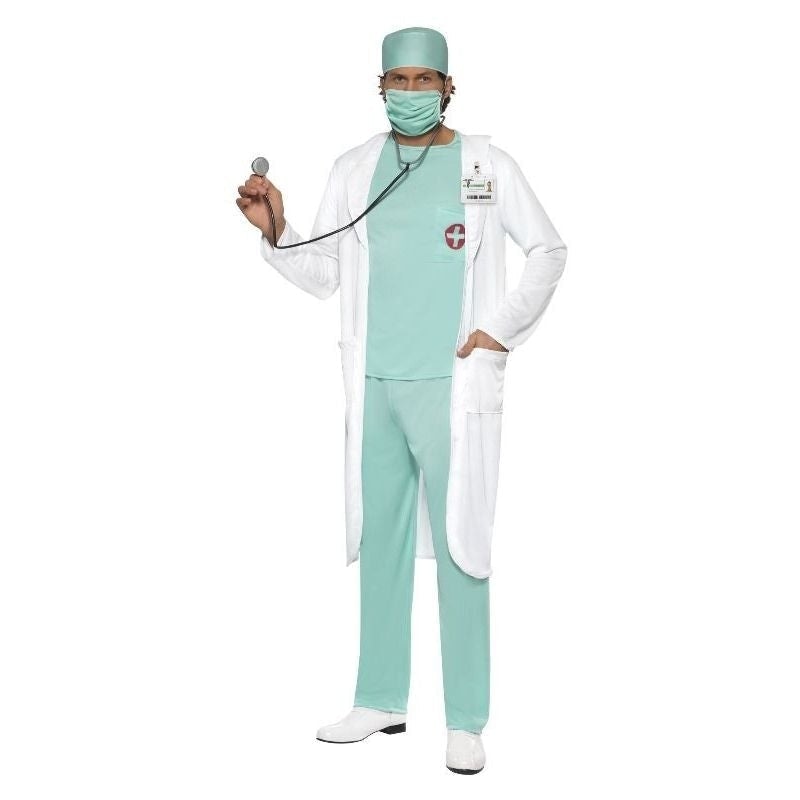 Doctor Costume Green Top Trousers Hat Mask Clear Name Tag White Coat 1