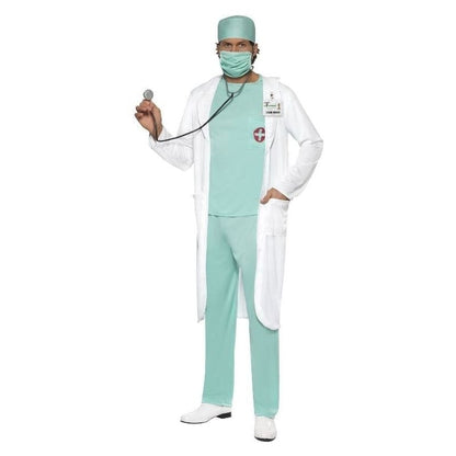 Doctor Costume Green Top Trousers Hat Mask Clear Name Tag White Coat 1