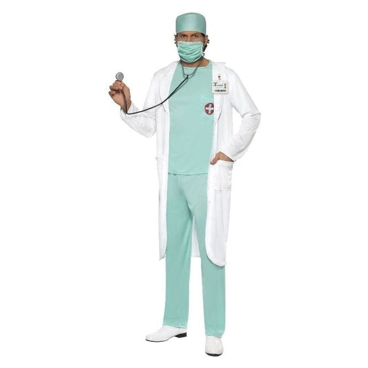 Doctor Costume Green Top Trousers Hat Mask Clear Name Tag White Coat 1