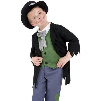 Artful Dodger Victorian Boy Costume Black Green Top Blue Trousers Black Hat 4