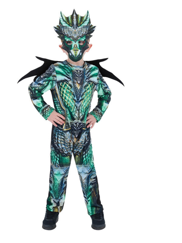 Dragon Costume Kids Green Jumpsuit Mask with Wings 1