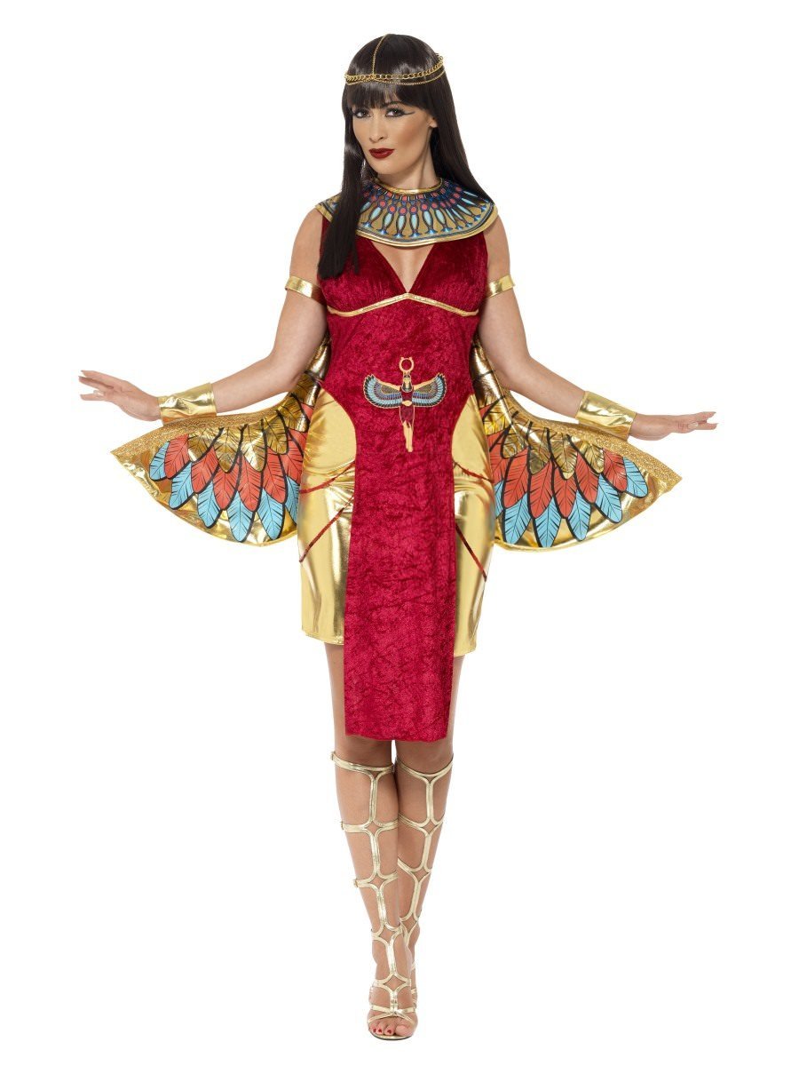 Egyptian Goddess Costume Adult Red Gold Dress Wings Collar Headpiece 4