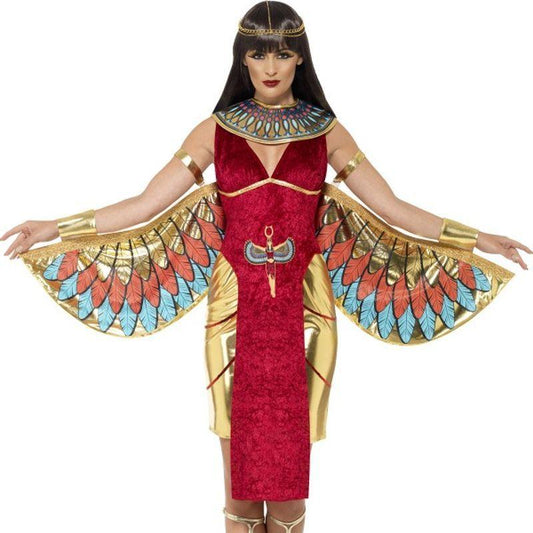 Egyptian Goddess Costume Adult Red Gold Dress Wings Collar Headpiece 1