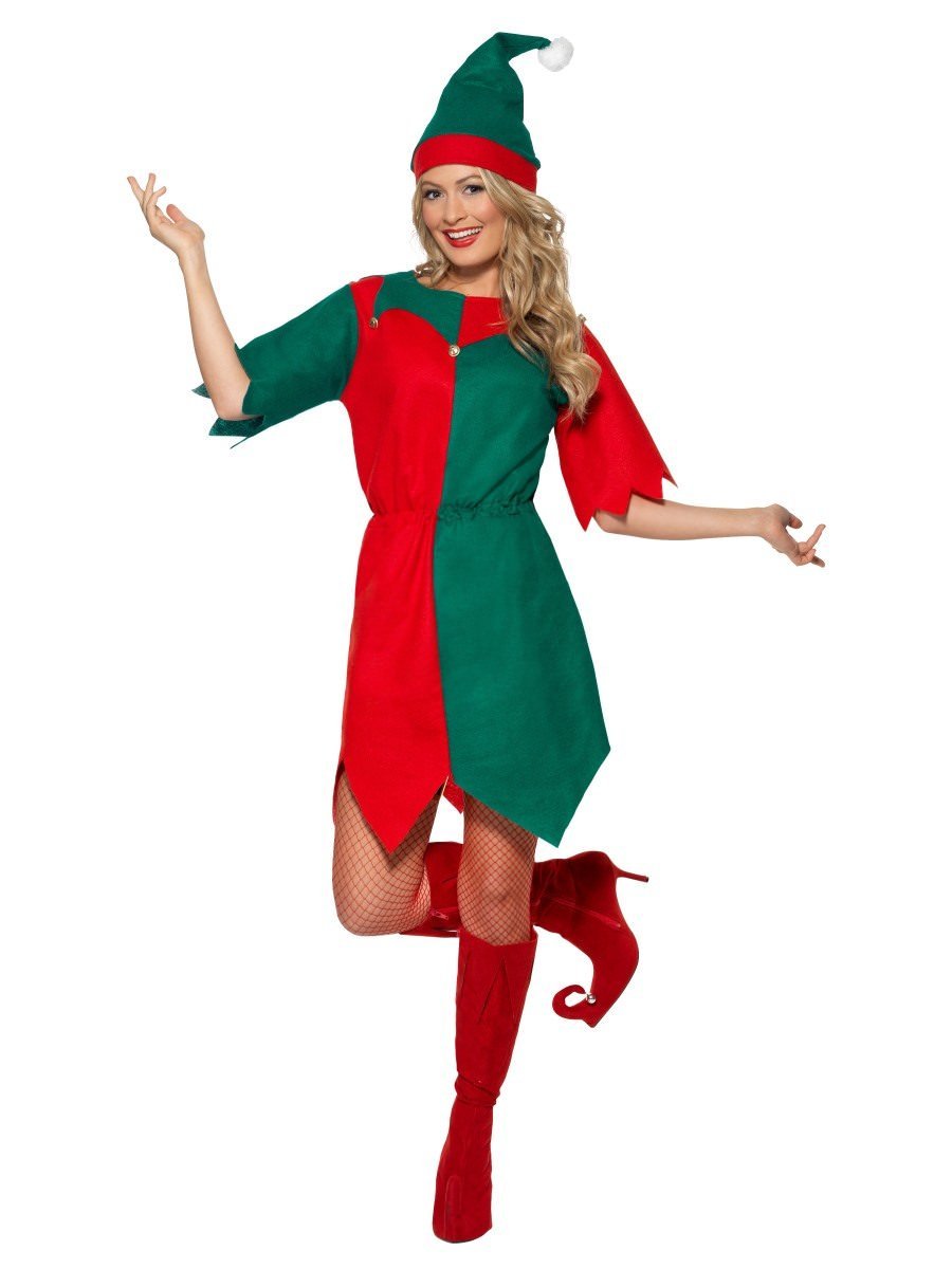 Elf Costume Ladies Red Green Tunic with Bells and Hat 2