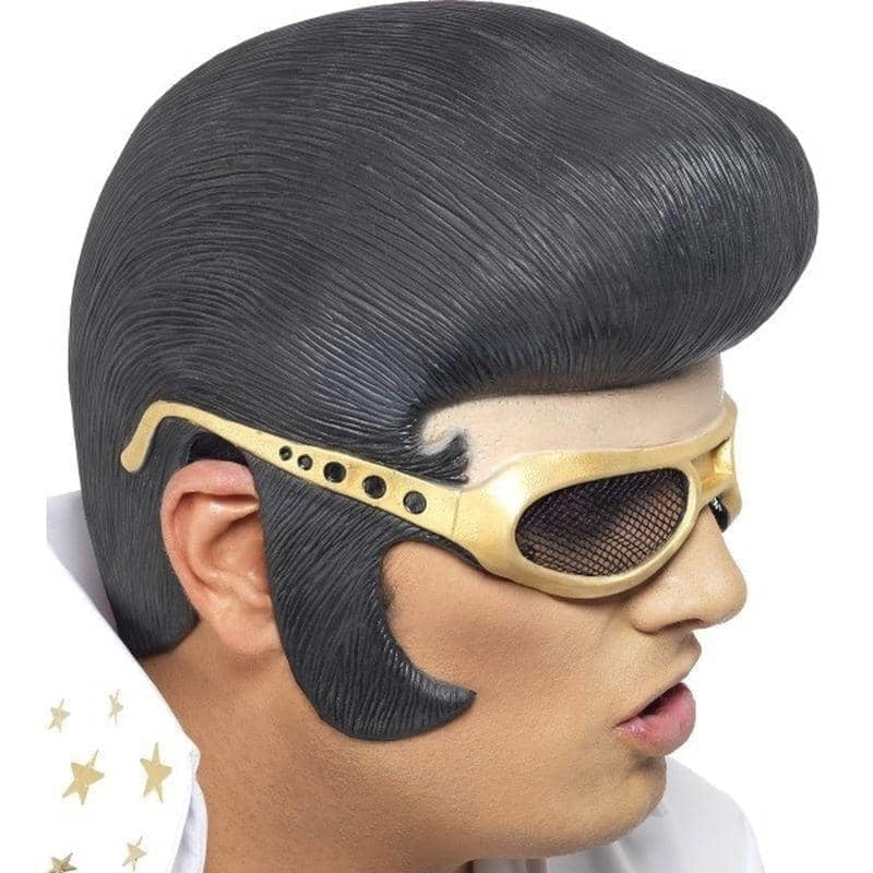 Elvis Headpiece Adult Black Rubber with Gold Moulded Glasses 1