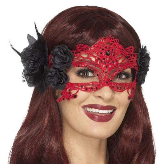 Embroidered Lace Filigree Devil Eyemask Adult Red Black 1