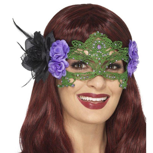 Embroidered Lace Filigree Witch Eyemask Adult Black Green 1