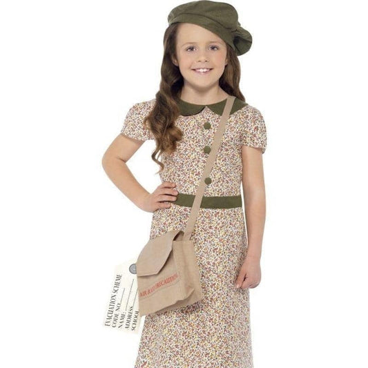 Evacuee Girl Costume Kids Paisley Dress Satchel Beret ID Tag 1