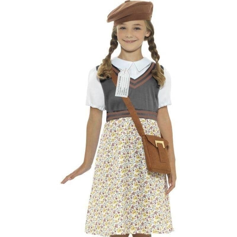 Evacuee School Girl Costume Kids Grey Dress Hat Bag Name Tag_1
