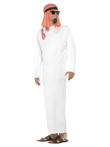 Fake Arab Sheikh Costume Adult White Tunic with Red Headdress 3