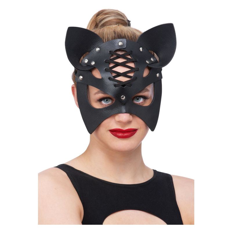 Fever Black Mock Leather Cat Mask Adult_1