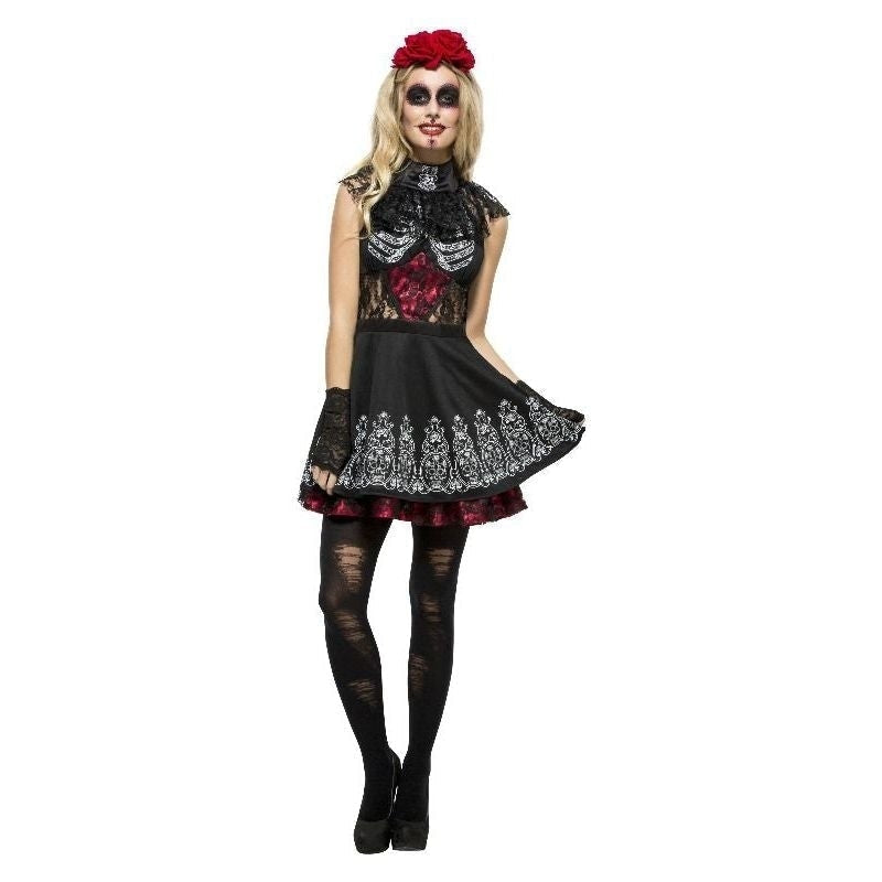 Fever Day of the Dead Costume Adult Black Dress Attached Underskirt Rose Headband 1