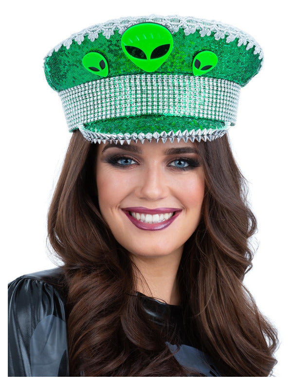 Alien Sequin Captains Hat Green Heads 1