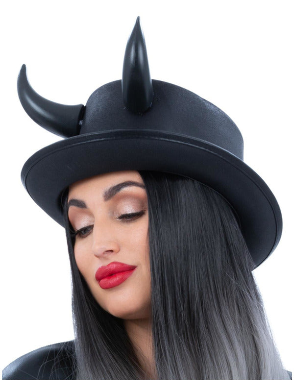 Black Devil Metallic Top Hat with Horns 1