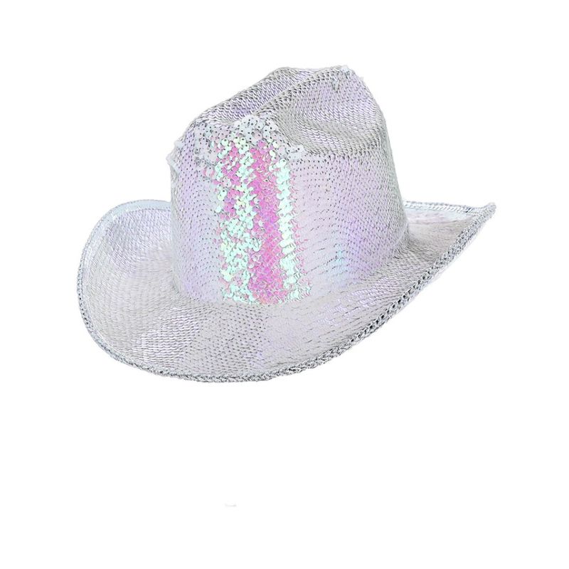 Fever Deluxe Sequin Cowboy Hat Iridescent White Adult Costume Accessory 1