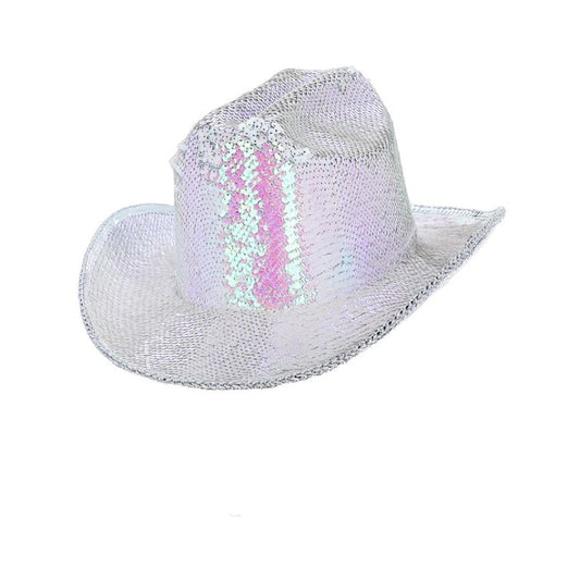 Fever Deluxe Sequin Cowboy Hat Iridescent White Adult Costume Accessory 1