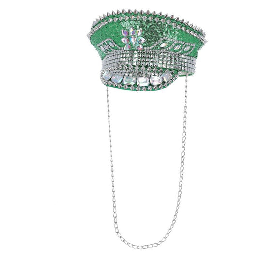 Fever Deluxe Sequin Studded Captains Hat Adult Green Sequins Chain 1