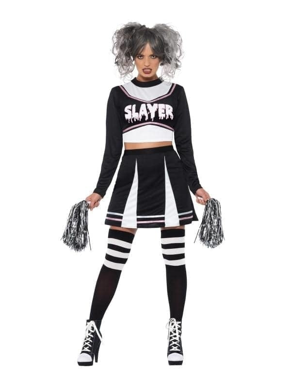 Gothic Cheerleader Costume Adult Black Crop Top Dress and Pom Poms 1