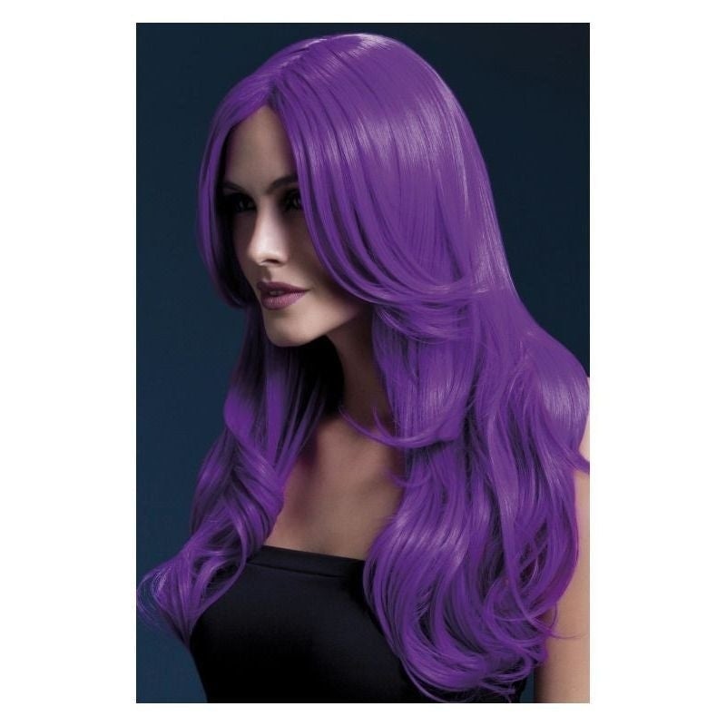 Adult Neon Purple Long Wavy Fever Khloe Wig with Centre Parting 66cm 1