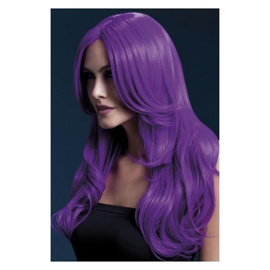 Adult Neon Purple Long Wavy Fever Khloe Wig with Centre Parting 66cm 1