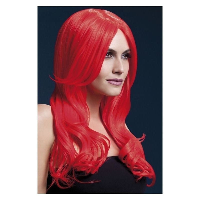 Fever Khloe Wig Adult Neon Red Long Wave with Centre Parting 56cm Costume Hair 1