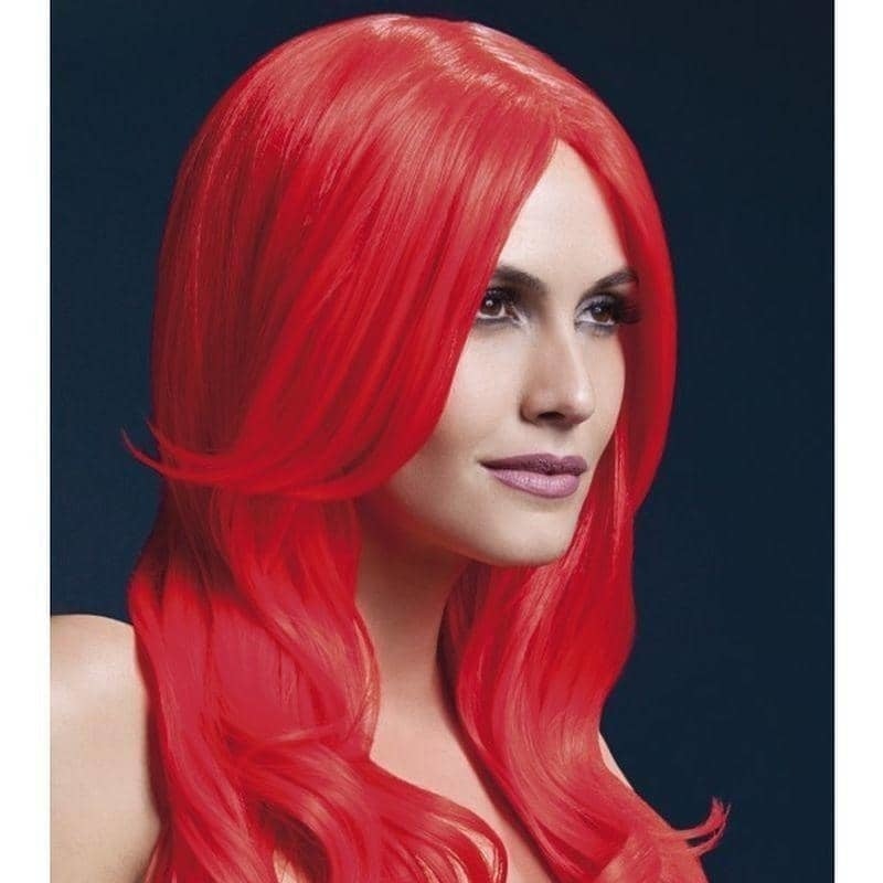 Fever Khloe Wig Adult Neon Red Long Wave with Centre Parting 56cm Costume Hair 2