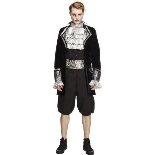 Fever Male Baroque Vampire Costume Adult Black Silver Jacket Trousers Cravat and Cummerbund 1