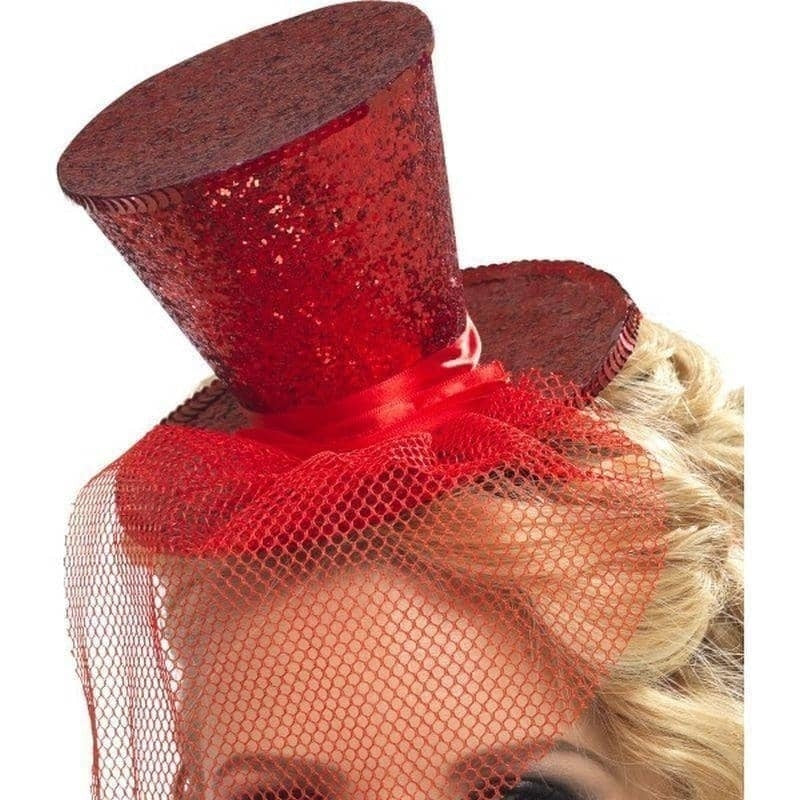 Fever Mini Top Hat On Headband Adult Glitter Red Netting_1